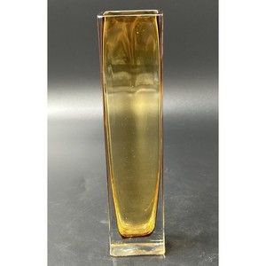 Amber Hand Blown Rectangular Glass Vase with Clear Glass Base 9 inches Tall